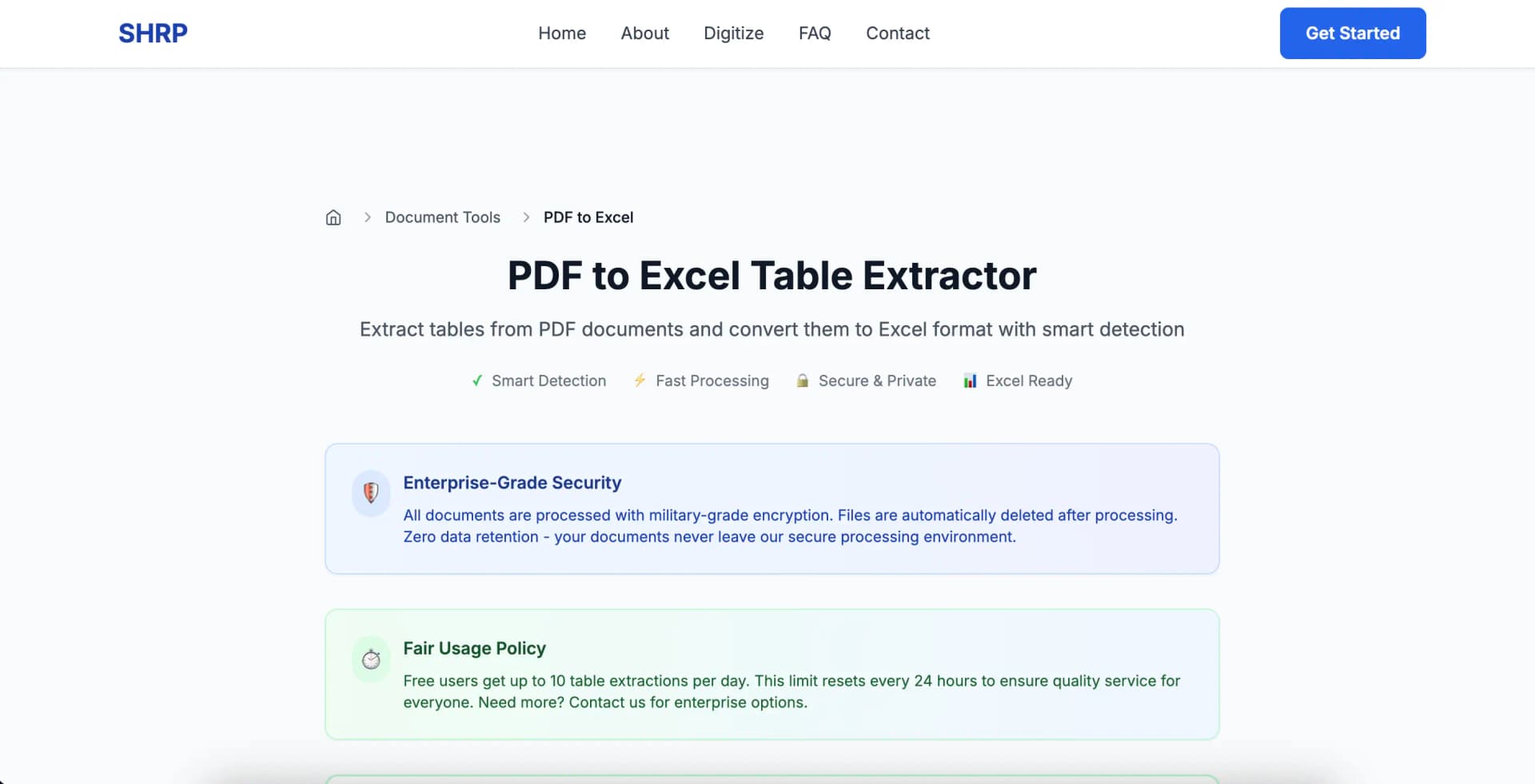 SHRP.app current interface showing PDF to Excel extraction tools